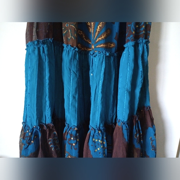 Boho Style Blue & Brown Ruffled Tiered Skirt - Picture 4 of 11